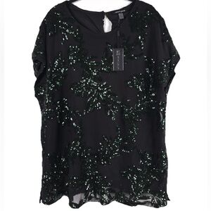 NWT CABLE & GAUGE Top Black Green Sequin Leaf Mesh Top Blouse Cap Sleeve 1X & 2X